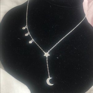 Cubic Zirconia Sterling Silver Star Moon Dangle Necklace-Boutique